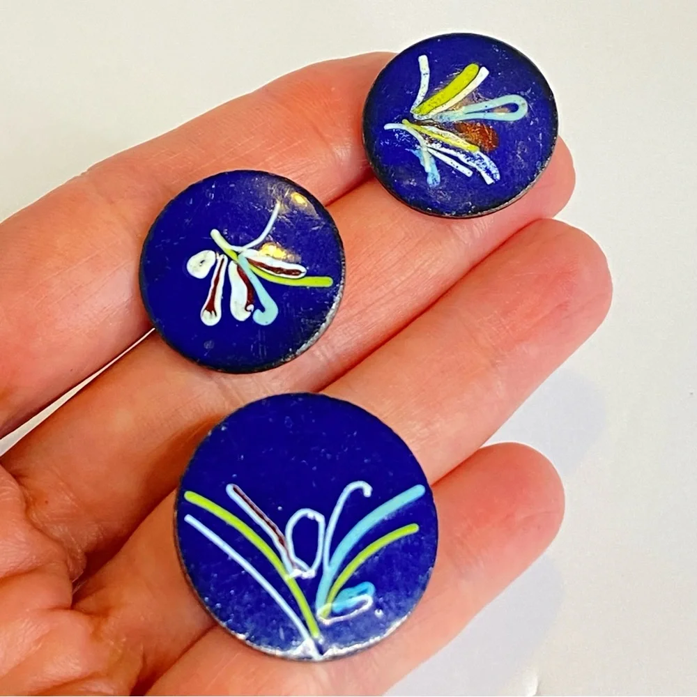 Vintage Copper Enamel‎ Earrings Brooch Set Blue Floral Screw Back Mid Century